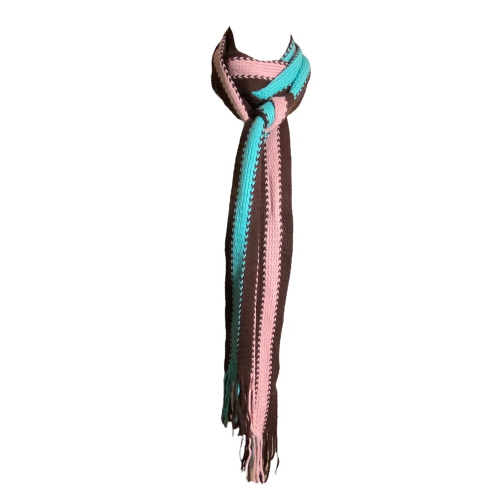 Extra Long Knit Fringe Scarf Modern Color Combination Brown Pink and Teal 90s
